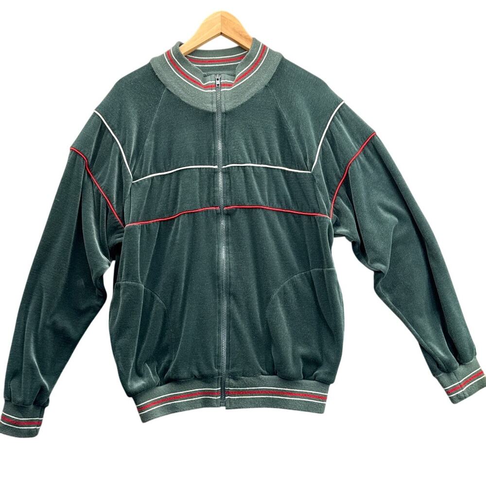 The Fox Collection Vintage Green Soft Velour Zip Up Pockets Jacket Men Medium